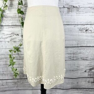 Willi Smith Skirt 8 Tan Stone Linen Knee A Line Ribbon Flowers Buttons Wedding